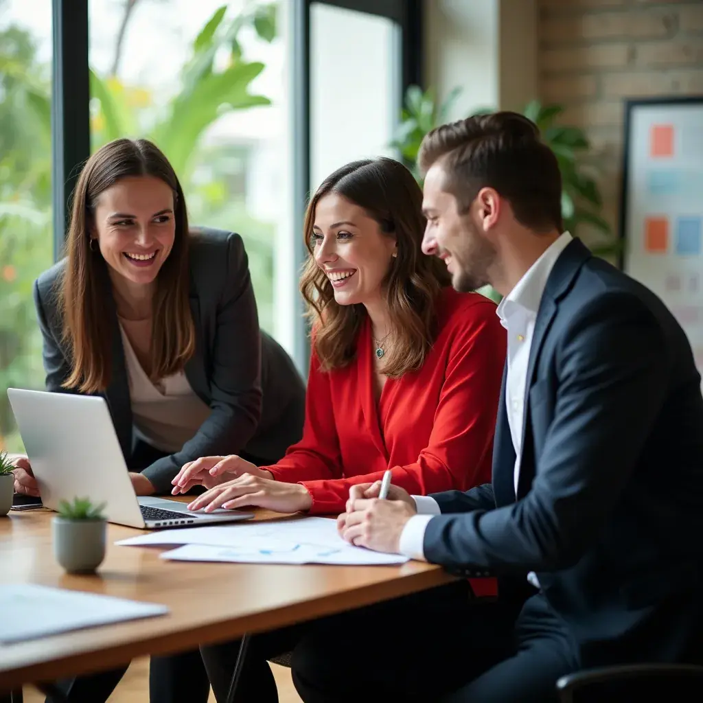 Consultanți care colaborează pentru a dezvolta soluții personalizate pentru clienți.