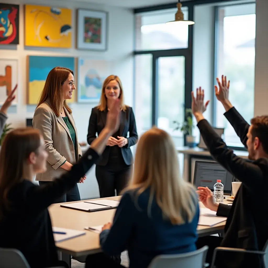 Ilustrație a unei sesiuni de formare pentru angajați în domeniul optimizării afacerilor.